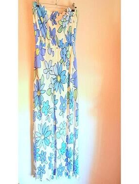Peppermayo Blue Daisy Pleated Strapless Wide Leg Jumpsuit Boho Festival Size 6